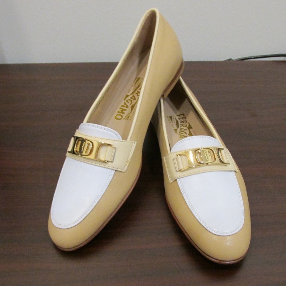 Salvatore Ferragamo Beige and White Leather Loafers with Gold Hardware with box